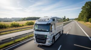 Camión con tecnología avanzada de asistencia al conductor circulando por una carretera con buen clima