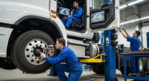 Camión siendo inspeccionado para mantenimiento regular de sistemas de seguridad como frenos y cámaras
