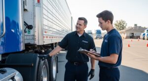 Instructor y estudiante inspeccionando un camión en un área de entrenamiento
