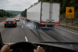 Camión con problemas de frenos dejando marcas en una carretera