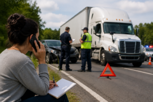 Persona tomando notas después de un accidente con un camión en carretera