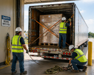Trabajadores asegurando la carga en un camión en un muelle de carga industrial, siguiendo procedimientos de seguridad con equipo adecuado