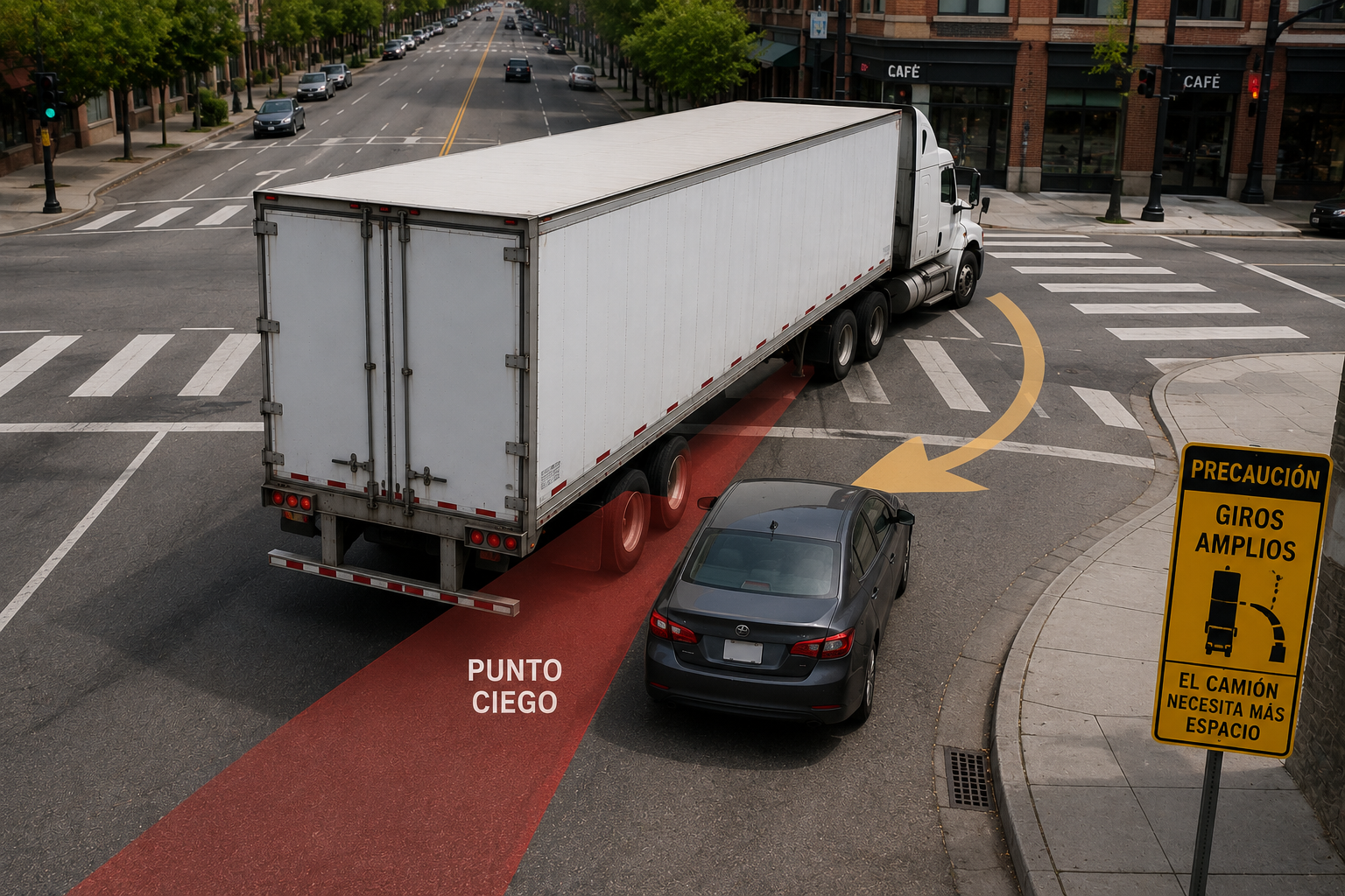 Automóvil cerca del punto ciego de un camión en giro