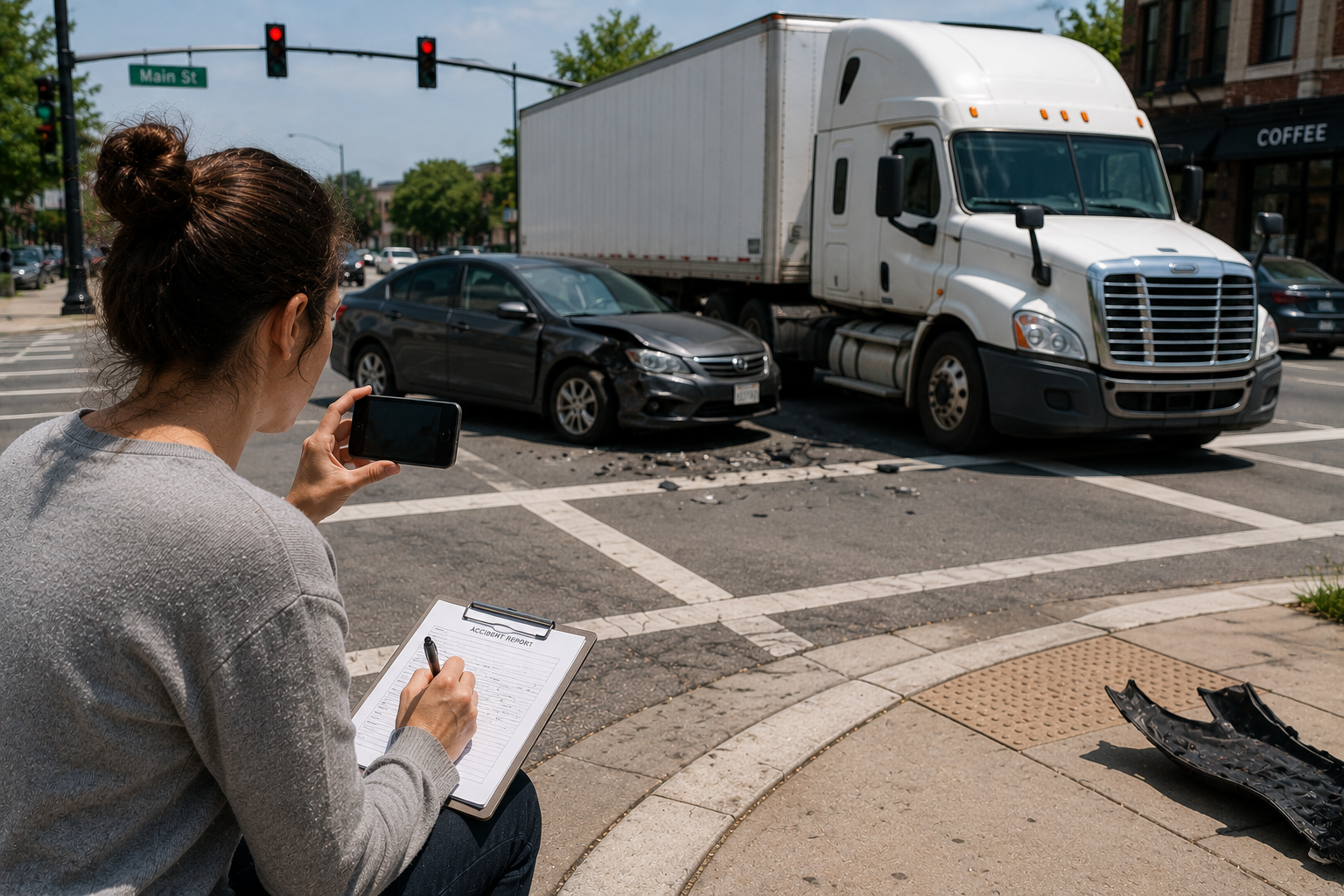 Persona documentando un accidente de camión en una intersección
