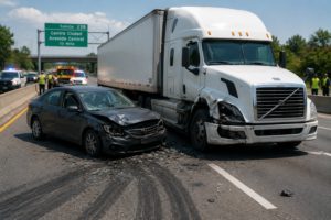 Camión accidentado con marcas de frenado en la carretera