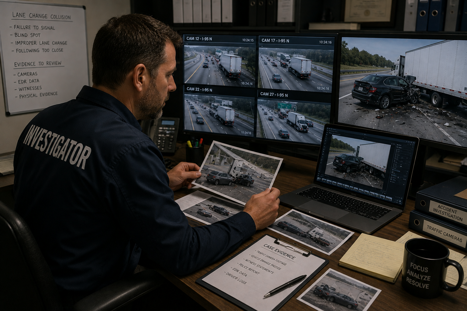 Investigador revisando evidencia después de un accidente de camión