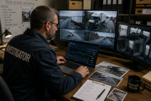 Investigador revisando evidencia después de un accidente de camión